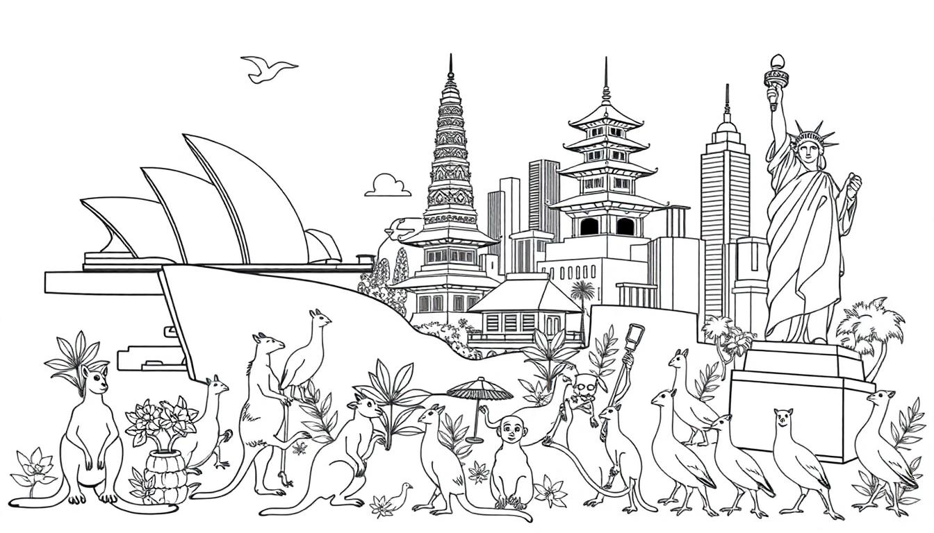 Een kleurplaat met de Sydney Opera House, Aziatische tempels, een stadssilhouet, het Vrijheidsbeeld, kangoeroes, emoes en veel decoratieve elementen.
