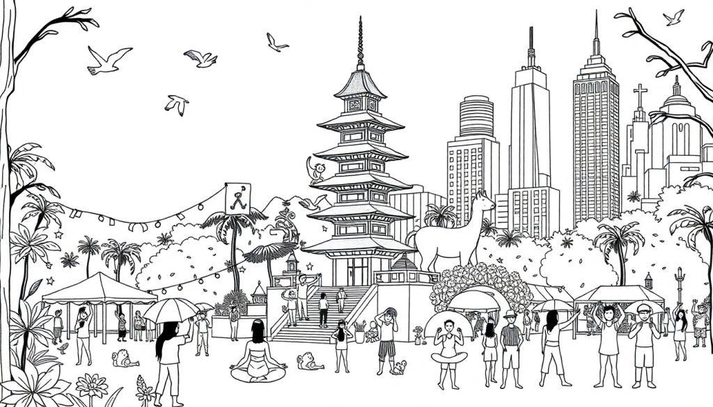 Kleurplaat van een fantasierijke stad met elementen uit Australië, Bali en New York. Je ziet wolkenkrabbers, een pagode, een park met mensen en dieren, palmbomen en grote standbeelden.