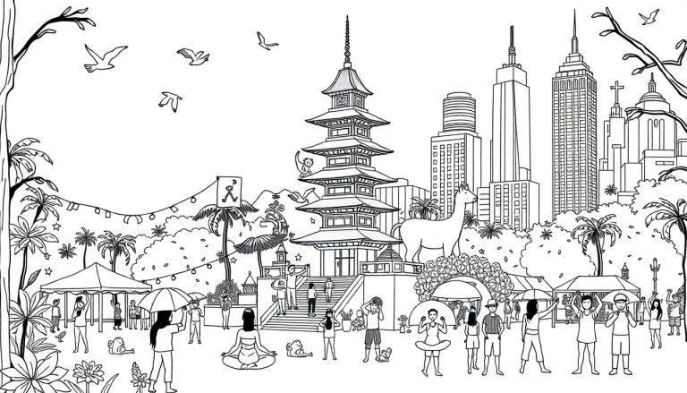 Kleurplaat van een fantasierijke stad met elementen uit Australië, Bali en New York. Je ziet wolkenkrabbers, een pagode, een park met mensen en dieren, palmbomen en grote standbeelden.