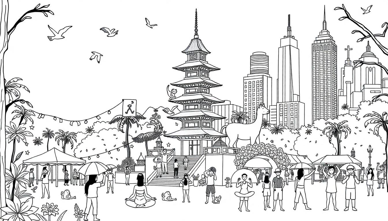 Kleurplaat van een fantasierijke stad met elementen uit Australië, Bali en New York. Je ziet wolkenkrabbers, een pagode, een park met mensen en dieren, palmbomen en grote standbeelden.