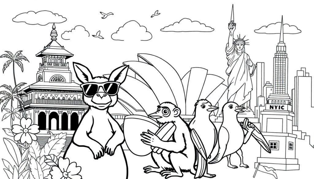 Kleurplaat met grappige dieren uit Bali, Australië en New York, met tempels, kangoeroes, en beroemde gebouwen zoals het Sydney Opera House en het Vrijheidsbeeld.