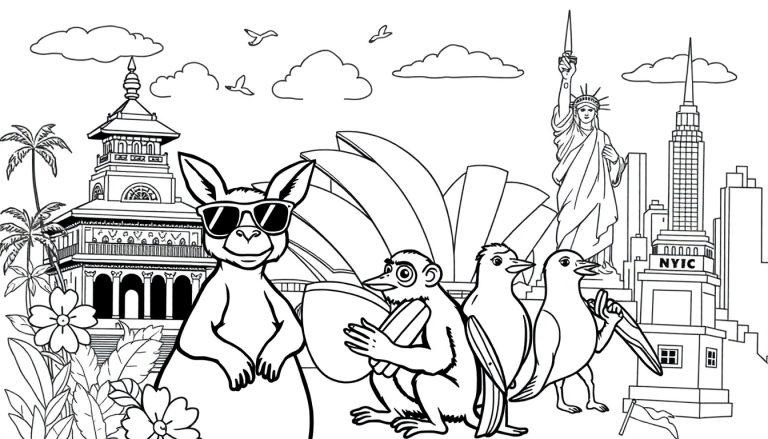 Kleurplaat met grappige dieren uit Bali, Australië en New York, met tempels, kangoeroes, en beroemde gebouwen zoals het Sydney Opera House en het Vrijheidsbeeld.