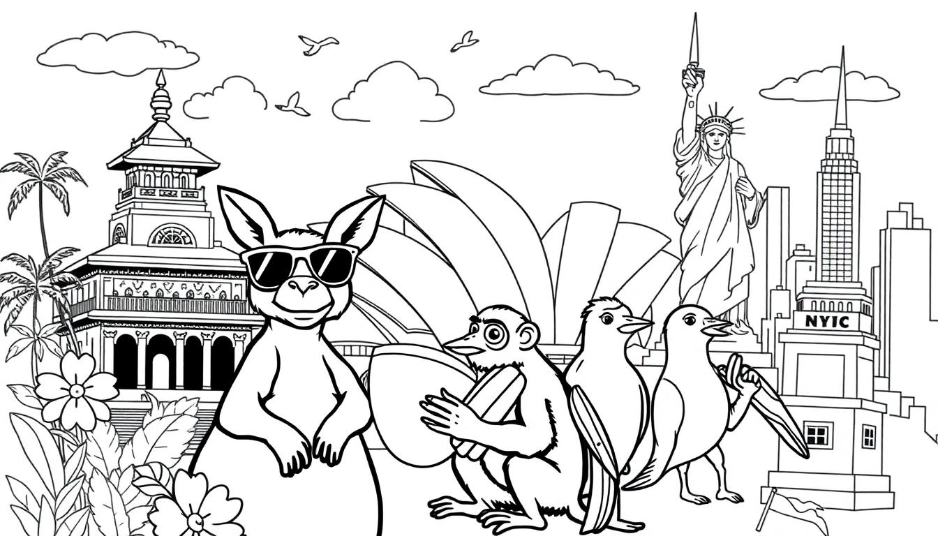 Kleurplaat met grappige dieren uit Bali, Australië en New York, met tempels, kangoeroes, en beroemde gebouwen zoals het Sydney Opera House en het Vrijheidsbeeld.