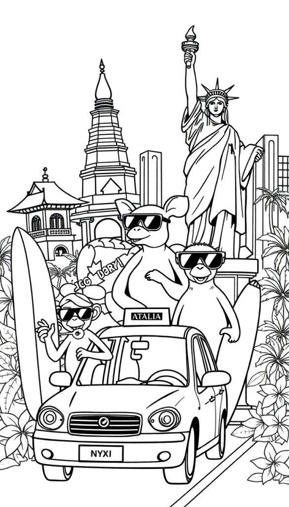 Een kleurplaat van menselijke dieren op vakantie, met bezienswaardigheden uit Bali, Australië en NYC. Een aapje met een surfplank, een dier naast een auto met 'ATALIA' erop, en tropische planten maken het vrolijk en druk.