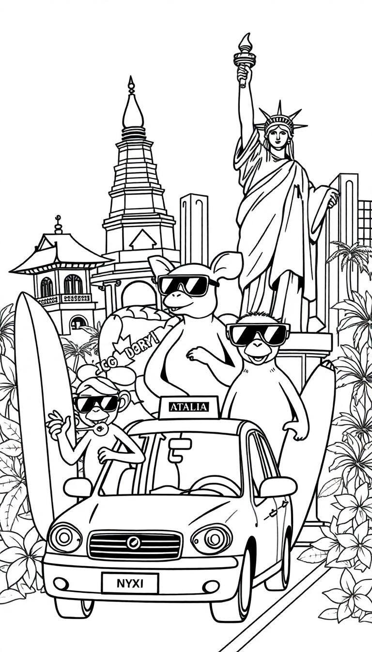 Een kleurplaat van menselijke dieren op vakantie, met bezienswaardigheden uit Bali, Australië en NYC. Een aapje met een surfplank, een dier naast een auto met 'ATALIA' erop, en tropische planten maken het vrolijk en druk.