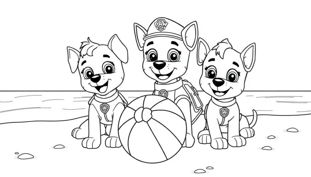 Kleurplaat van drie vrolijke Paw Patrol hondjes op het strand met een strandbal en een water- en zandachtergrond.