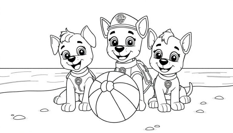 Kleurplaat van drie vrolijke Paw Patrol hondjes op het strand met een strandbal en een water- en zandachtergrond.
