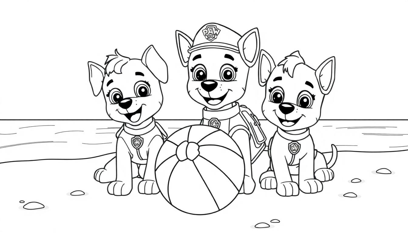 Kleurplaat van drie vrolijke Paw Patrol hondjes op het strand met een strandbal en een water- en zandachtergrond.