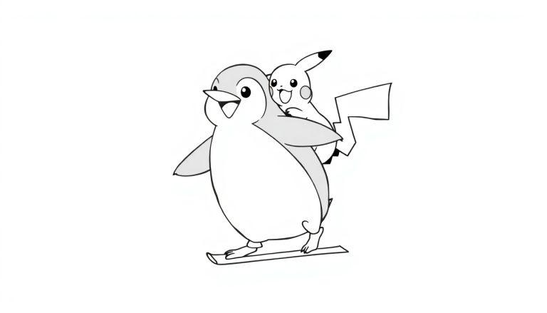 Zwart-witte kleurplaat van een pinguïn op ski's met Pikachu op zijn rug, beiden lachen vrolijk.