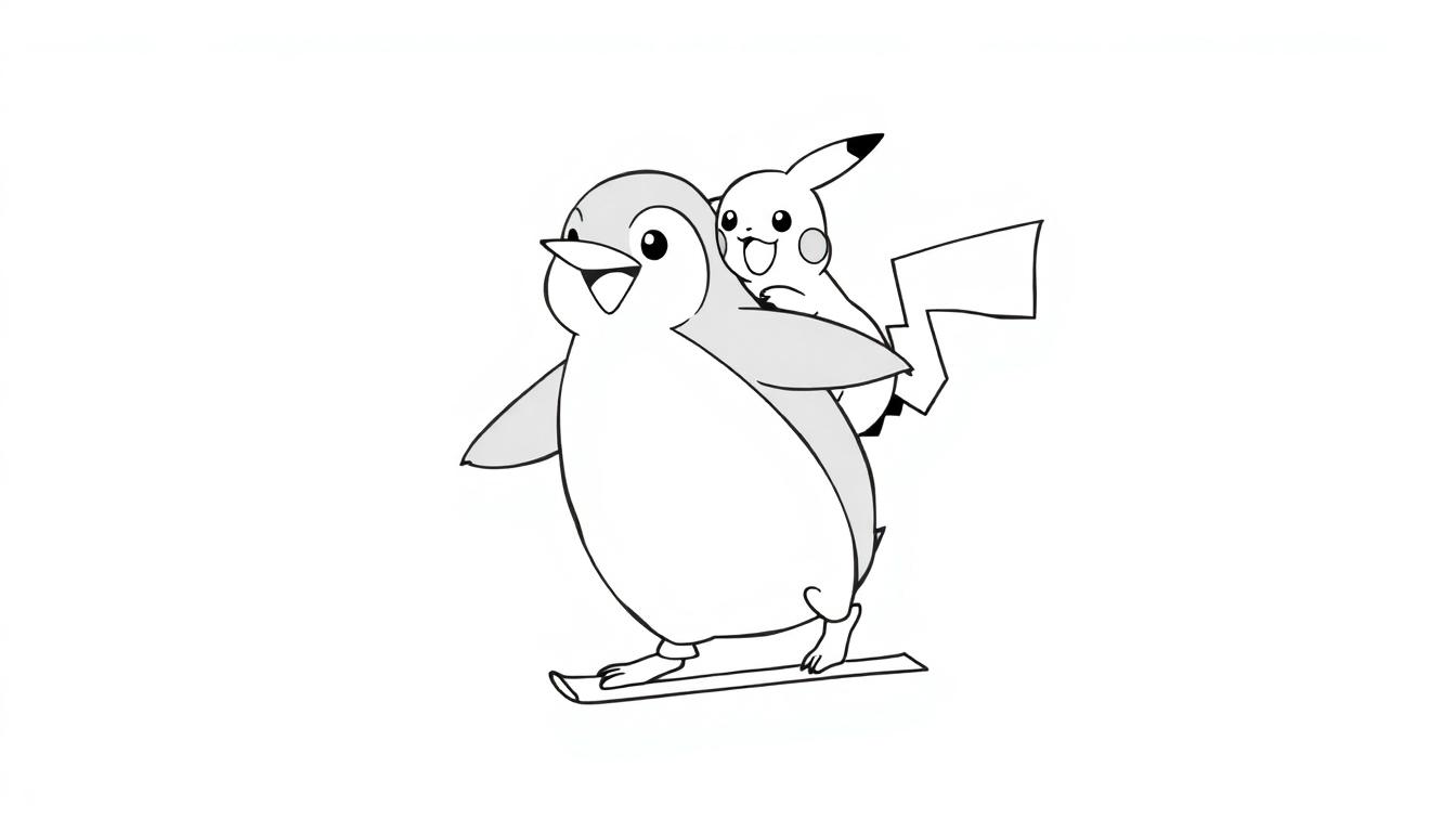 Zwart-witte kleurplaat van een pinguïn op ski's met Pikachu op zijn rug, beiden lachen vrolijk.