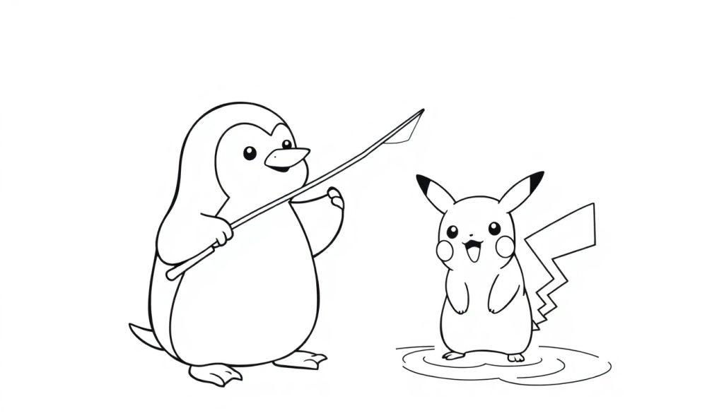 Leuke kleurplaat van een pinguïn met een speer en Pikachu met een bliksemstaart op een plas water.