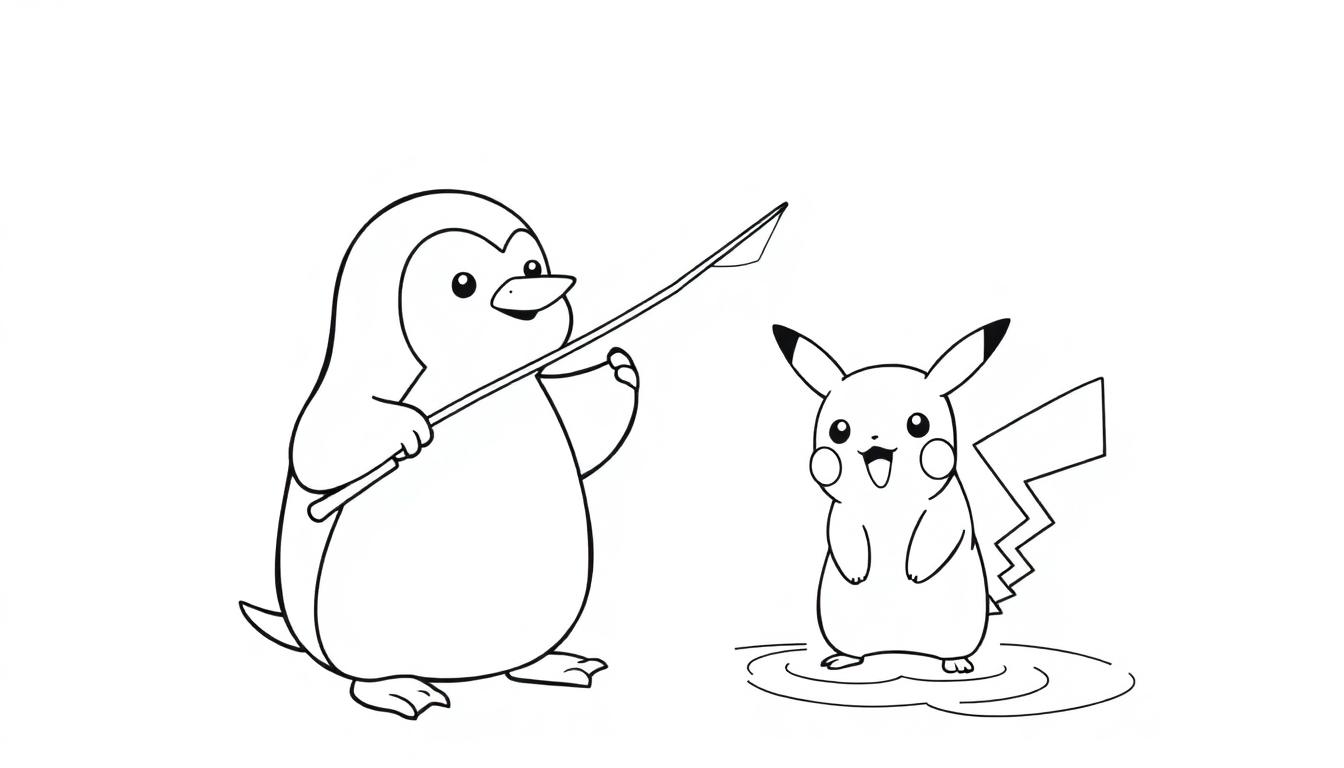 Leuke kleurplaat van een pinguïn met een speer en Pikachu met een bliksemstaart op een plas water.