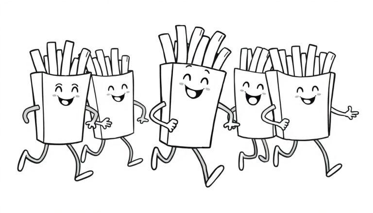 Zwart-wit kleurplaat met lachende frietzakjes met gezichten, armen en benen die vrolijk rennen of lopen.