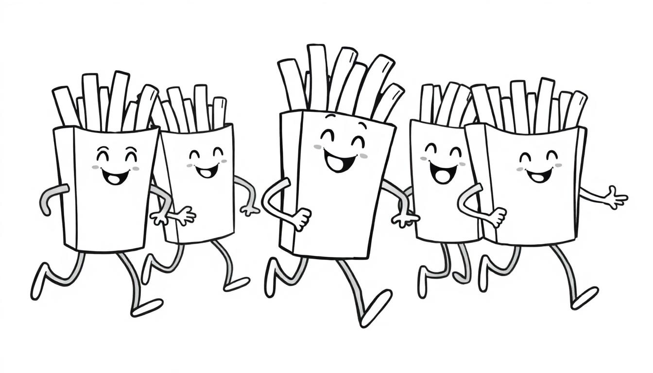 Zwart-wit kleurplaat met lachende frietzakjes met gezichten, armen en benen die vrolijk rennen of lopen.