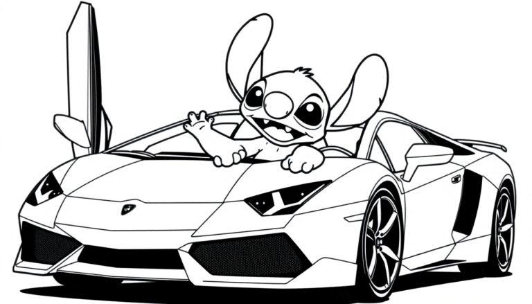 Zwart-wit kleurplaat van Stitch die in een sportieve Lamborghini zit, vrolijk zwaaiend uit het raam.