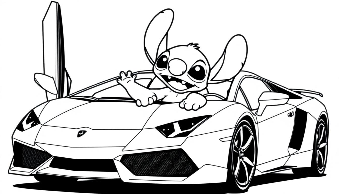 Zwart-wit kleurplaat van Stitch die in een sportieve Lamborghini zit, vrolijk zwaaiend uit het raam.