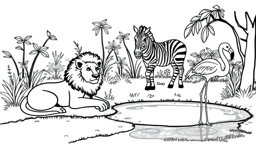 Kleurplaat van een paradijs met dieren: een leeuw, zebra en flamingo bij een waterpoel.