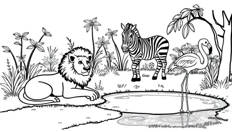 Kleurplaat van een paradijs met dieren: een leeuw, zebra en flamingo bij een waterpoel.