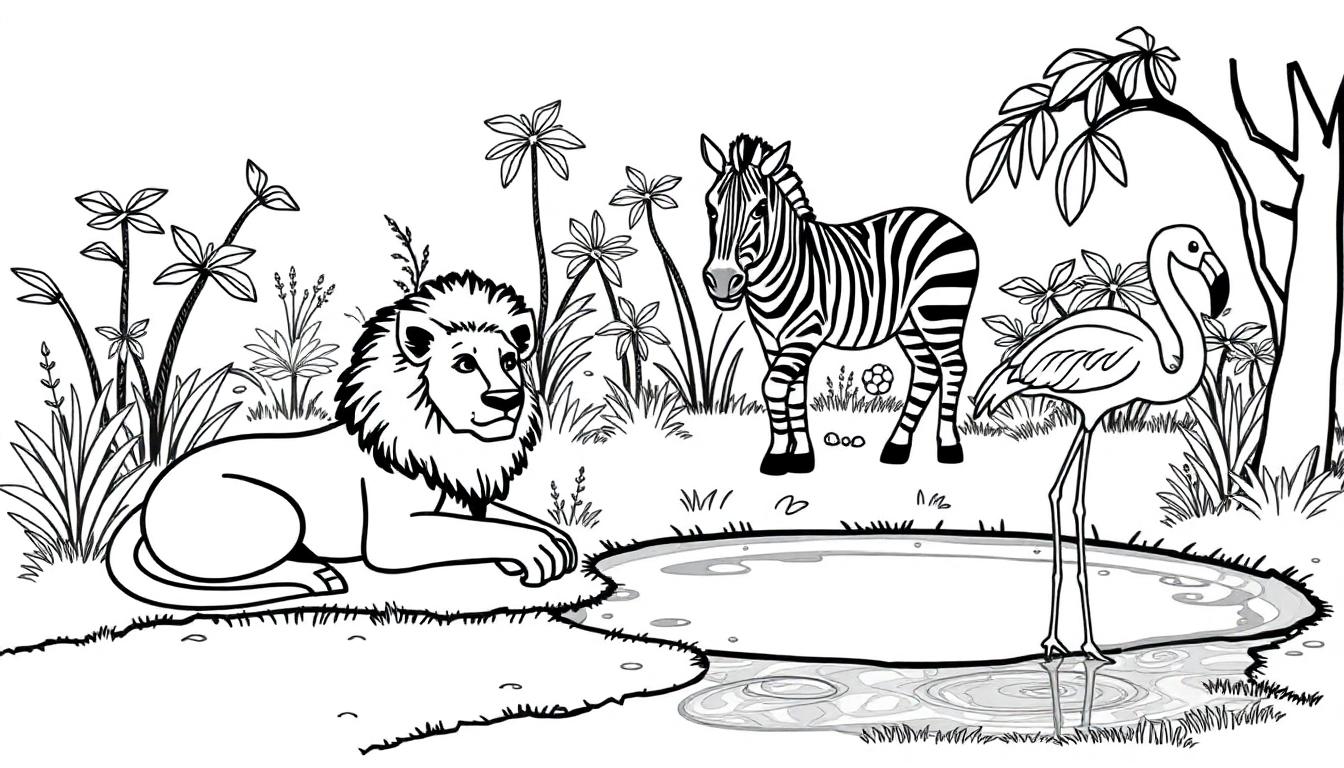 Kleurplaat van een paradijs met dieren: een leeuw, zebra en flamingo bij een waterpoel.