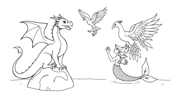 Een fantasierijke zwart-wit kleurplaat met een draak op een steen, een zeemeermin in het water, en een feniks in de lucht.