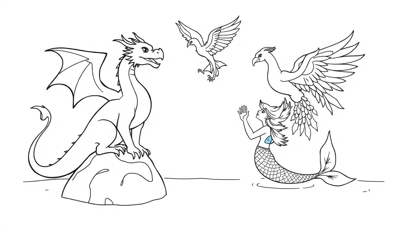Een fantasierijke zwart-wit kleurplaat met een draak op een steen, een zeemeermin in het water, en een feniks in de lucht.