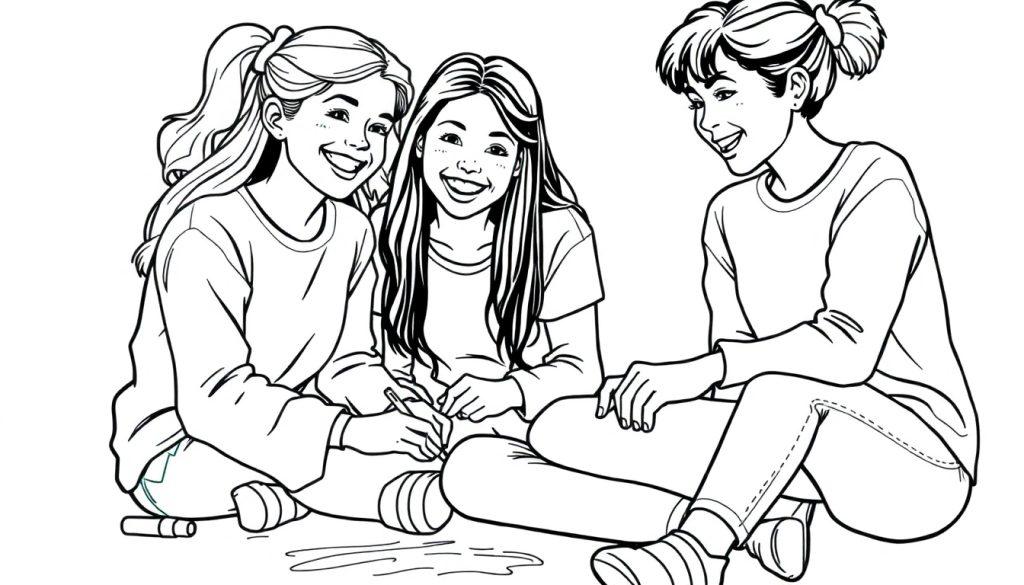 Een zwart-wit kleurplaat van drie meisjes die lachen en samen op de grond zitten. Een meisje met krullend haar tekent iets met een stift, terwijl de anderen toekijken.
