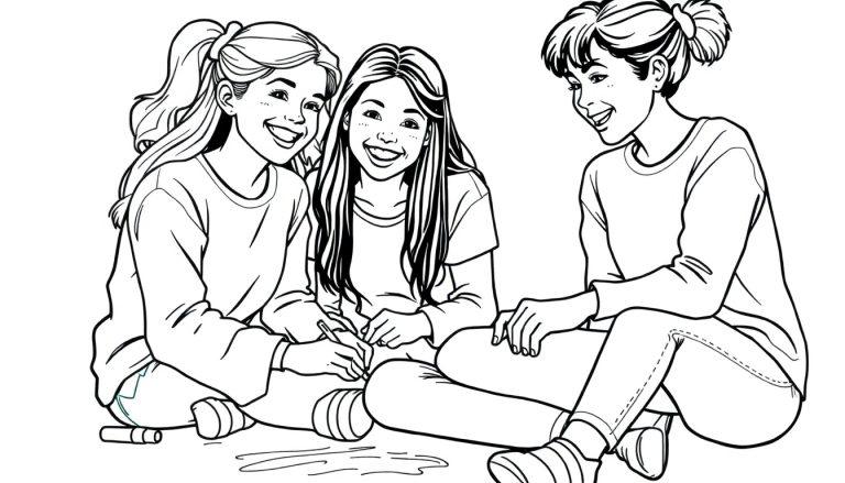 Een zwart-wit kleurplaat van drie meisjes die lachen en samen op de grond zitten. Een meisje met krullend haar tekent iets met een stift, terwijl de anderen toekijken.