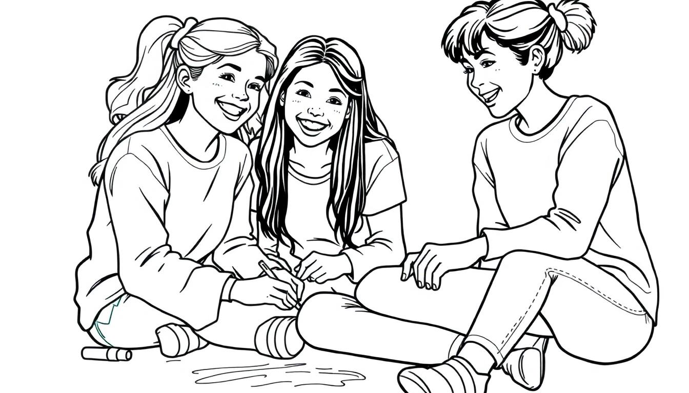 Een zwart-wit kleurplaat van drie meisjes die lachen en samen op de grond zitten. Een meisje met krullend haar tekent iets met een stift, terwijl de anderen toekijken.