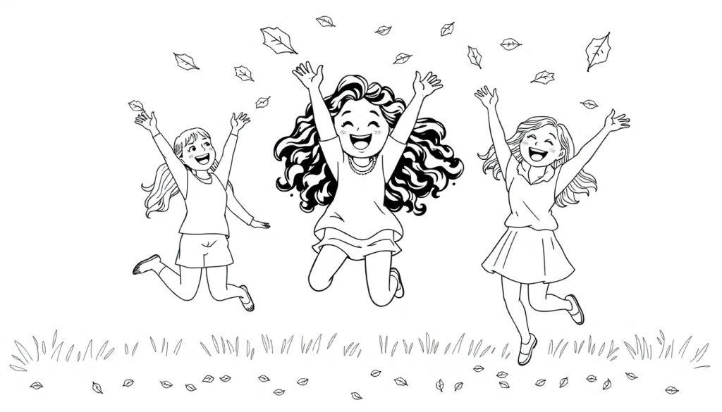 Kleurplaat van drie lachende kinderen die buiten springen met bladeren in de lucht en gras op de voorgrond.