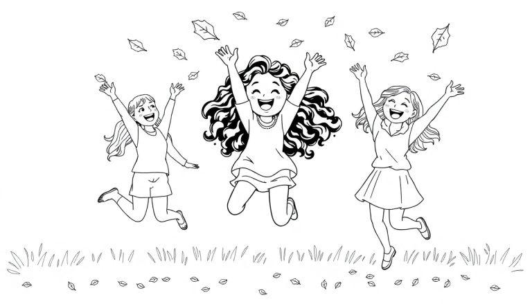 Kleurplaat van drie lachende kinderen die buiten springen met bladeren in de lucht en gras op de voorgrond.