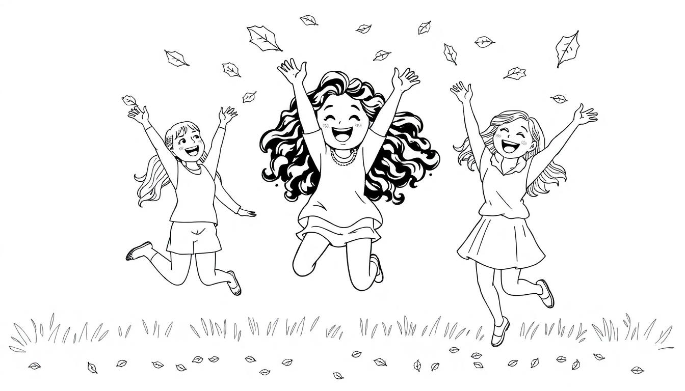 Kleurplaat van drie lachende kinderen die buiten springen met bladeren in de lucht en gras op de voorgrond.