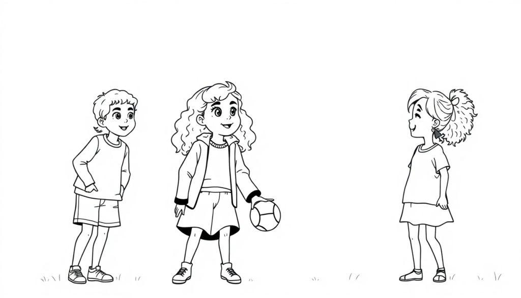 Kleurplaat met drie kinderen die buiten spelen. Een jongen, een meisje met krullend haar en een meisje met paardenstaart staan op het gras.