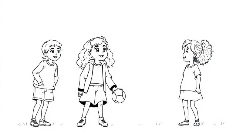 Kleurplaat met drie kinderen die buiten spelen. Een jongen, een meisje met krullend haar en een meisje met paardenstaart staan op het gras.