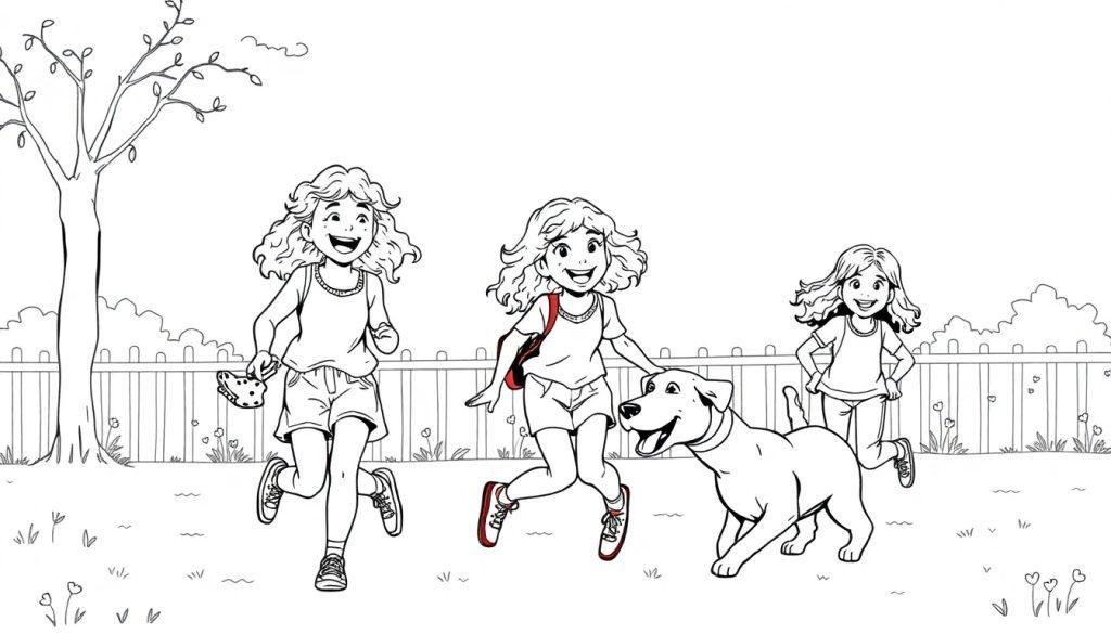 Kleurplaat van drie lachende kinderen die met een hond buiten rennen naast een hek, met bloemen, gras en een boom op de achtergrond.