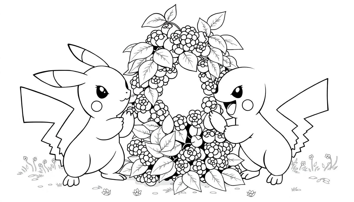 Kleurplaat van twee Pikachu's met lange oren en bliksemvormige staarten, omringd door een krans van bladeren en bessen.