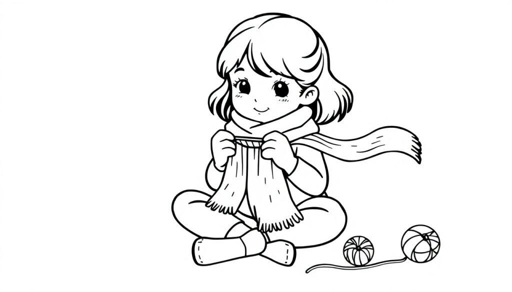 Kleurplaat van een meisje in kleermakerszit dat een lange sjaal breit met twee bollen garen voor haar.