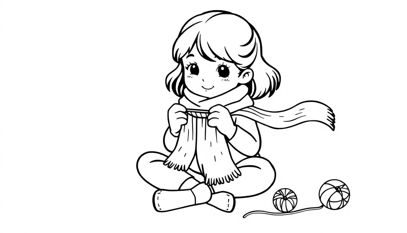 Kleurplaat van een meisje in kleermakerszit dat een lange sjaal breit met twee bollen garen voor haar.