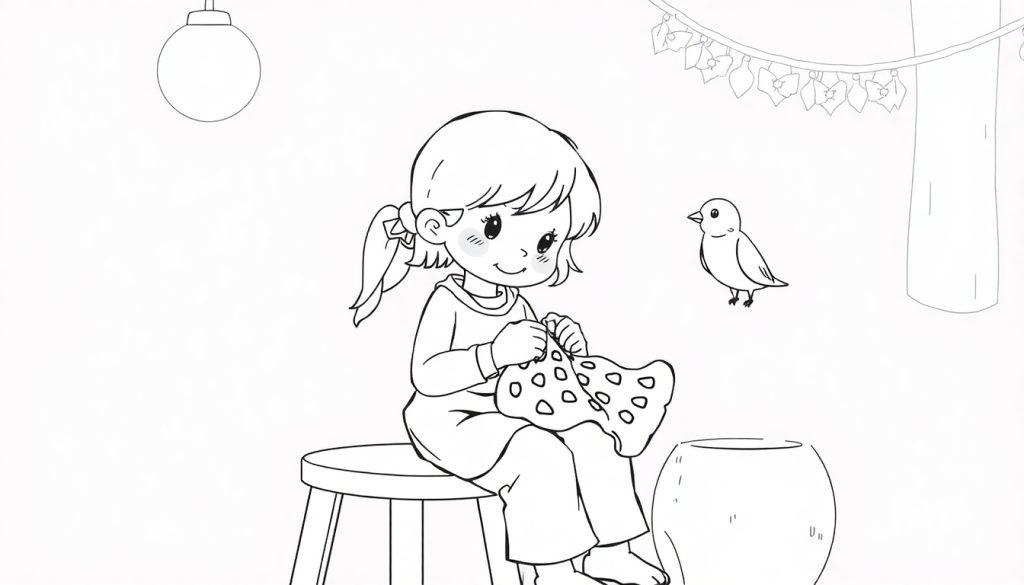 Een lijntekening van een meisje op een krukje, met een vrolijke uitstraling. Ze houdt een lap stof met stippen vast. Naast haar zit een vogel op een stok. Op de achtergrond zijn lichtjes in de vorm van bladeren, een boom en een ronde pot te zien. Dit is een kindvriendelijke kleurplaat.