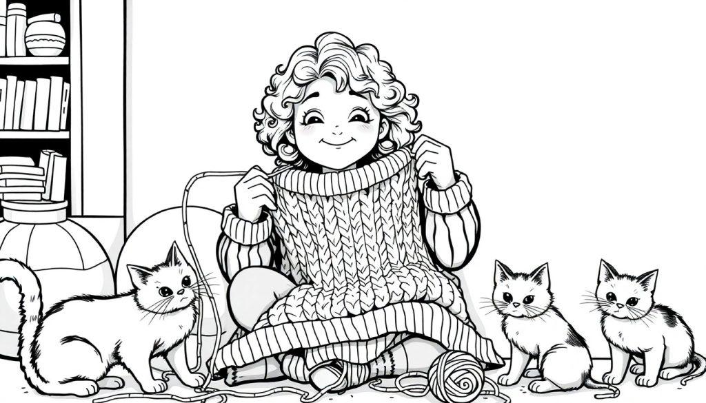 Kleurplaat van meisje met krullend haar dat trots een gebreide trui vasthoudt, met katten en bollen garen om haar heen.