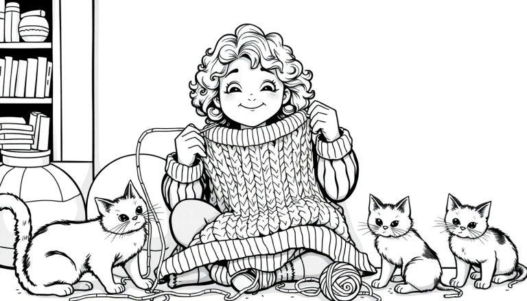 Kleurplaat van meisje met krullend haar dat trots een gebreide trui vasthoudt, met katten en bollen garen om haar heen.