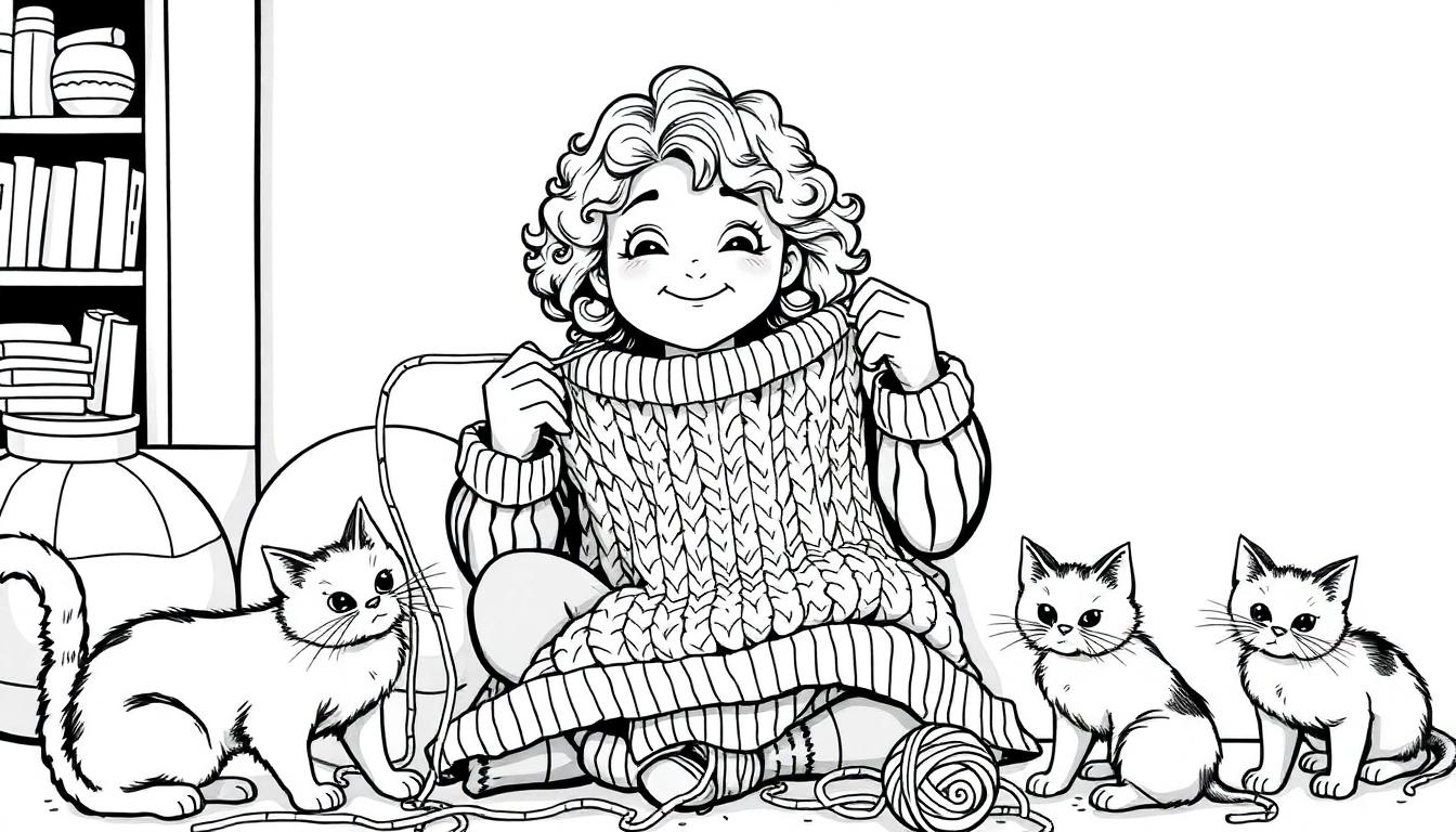 Kleurplaat van meisje met krullend haar dat trots een gebreide trui vasthoudt, met katten en bollen garen om haar heen.