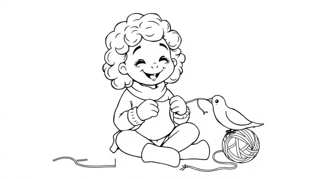 Kleurplaat van een meisje met krulhaar dat aan het breien is, met een bolletje wol en een vogel erbij.