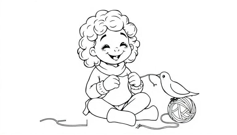 Kleurplaat van een meisje met krulhaar dat aan het breien is, met een bolletje wol en een vogel erbij.