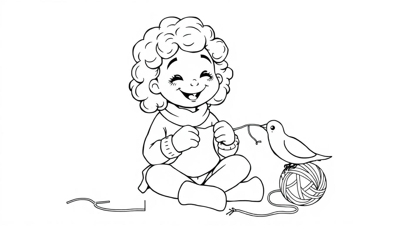 Kleurplaat van een meisje met krulhaar dat aan het breien is, met een bolletje wol en een vogel erbij.