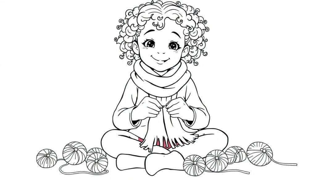 Kleurplaat van een meisje met krullend haar dat zit te breien, omringd door wol.