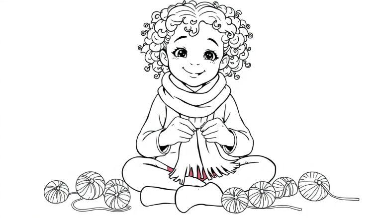 Kleurplaat van een meisje met krullend haar dat zit te breien, omringd door wol.