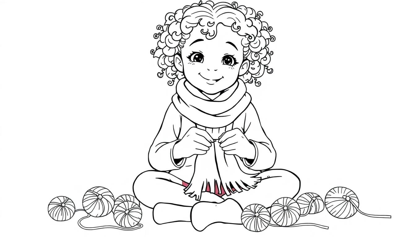 Kleurplaat van een meisje met krullend haar dat zit te breien, omringd door wol.