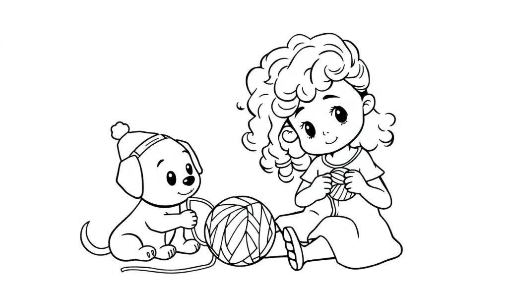 Kleurplaat: Een meisje met krullend haar haakt terwijl een hondje met een muts een bol wol vasthoudt.
