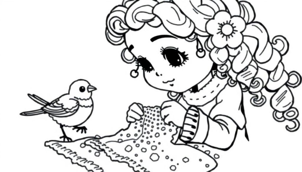 Kleurplaat van een meisje met krullend haar dat aan het haken is, samen met een vogeltje.