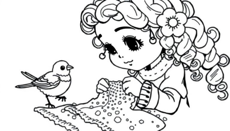 Kleurplaat van een meisje met krullend haar dat aan het haken is, samen met een vogeltje.